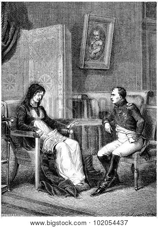 Napoleon looking at his mother before leaving the island of Elba, vintage engraved illustration. History of France  1885.