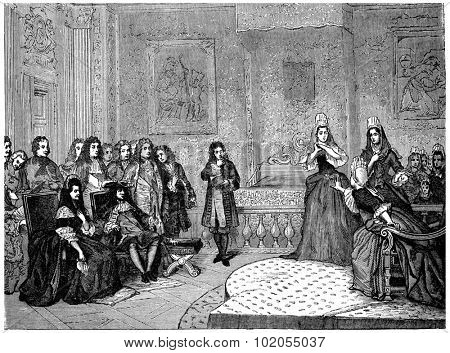 Athalie, represented by the ladies of Saint-Cyr before the king and Madame de Maintenon, vintage engraved illustration. 