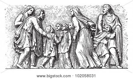 Barbarian family imploring the Romans, vintage engraved illustration. 