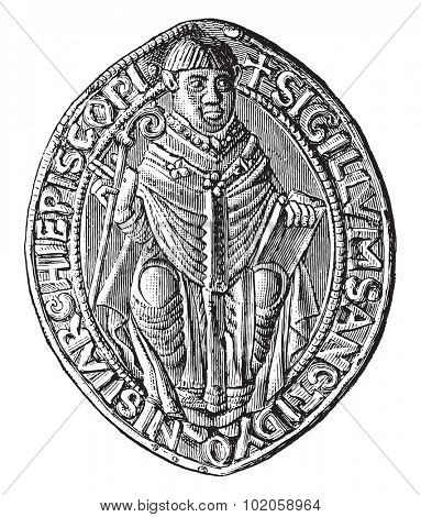 Seal of the abbey of Saint-Denis (twelfth century), vintage engraved illustration. Industrial encyclopedia E.-O. Lami - 1875. 