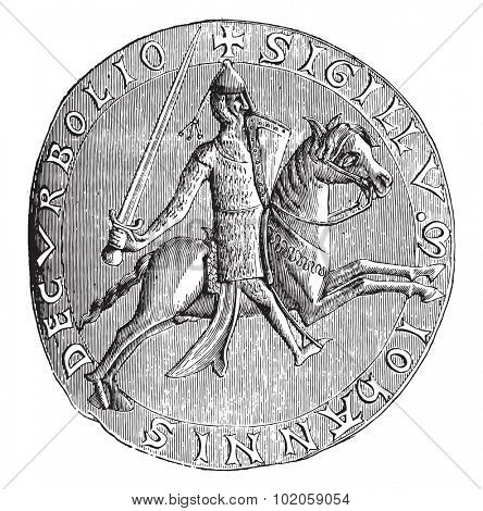 Seal of John, Lord of Corbeil, 1196 (National Archives), vintage engraved illustration. Industrial encyclopedia E.-O. Lami - 1875.