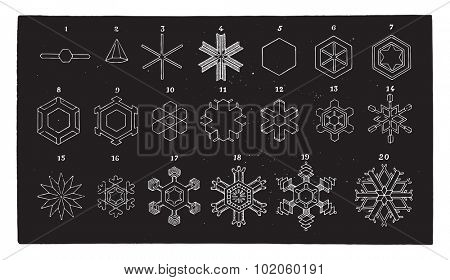 Crystalline forms of the snow, seen under the microscope, vintage engraved illustration. Industrial encyclopedia E.-O. Lami - 1875. 