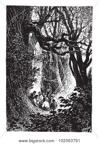 Supper was immediately prepared, vintage engraved illustration. From 15 year's old captain book from Jules Verne - 1880 