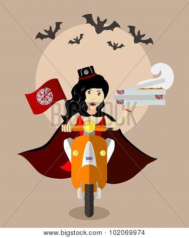 Halloween Vampire Food delivery girl On Scooter With Boxes Of Pizza