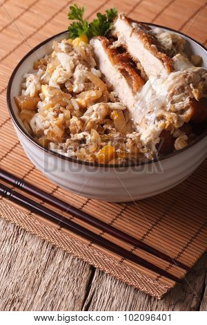 Japanese Food Katsudon Breaded Deep Fried Pork On Rice. Vertical