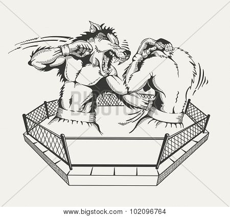 Two boxers fight with the body of man and a wolf's head in the ring.