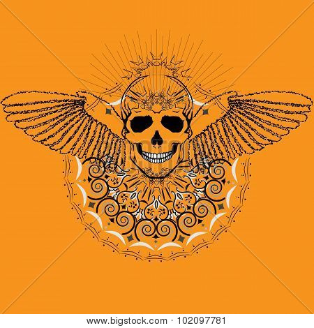Vector Image Of Human Skull With Wings In Abstract Art Style, Done In A Slightly Psychedelic Manner