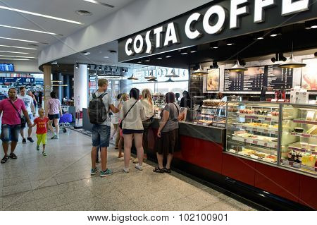PRAGUE, CZECH REPUBLIC - AUGUST 04, 2015: Costa Coffee cafe interior. Costa Coffee is a British multinational coffeehouse company headquartered in Dunstable, England