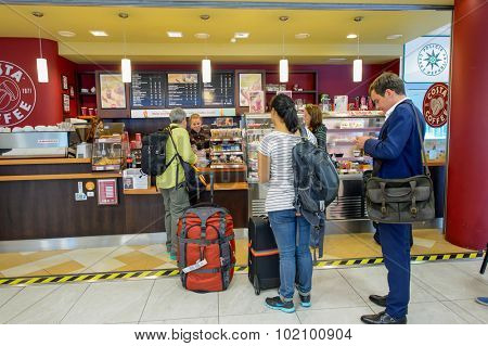 PRAGUE, CZECH REPUBLIC - AUGUST 04, 2015: Costa Coffee cafe interior. Costa Coffee is a British multinational coffeehouse company headquartered in Dunstable, England