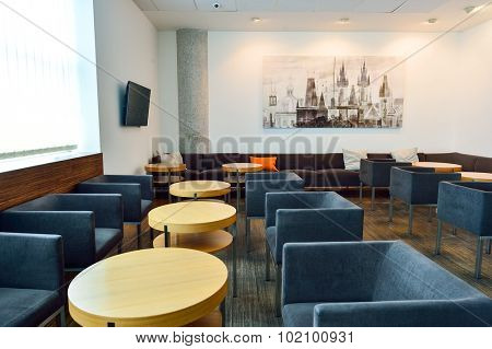 PRAGUE, CZECH REPUBLIC - AUGUST 04, 2015: Menzies Aviation lounge interior. Menzies Aviation is a global provider of passenger, ramp and cargo handling services