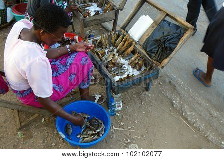 An African Woman Sells Fishes