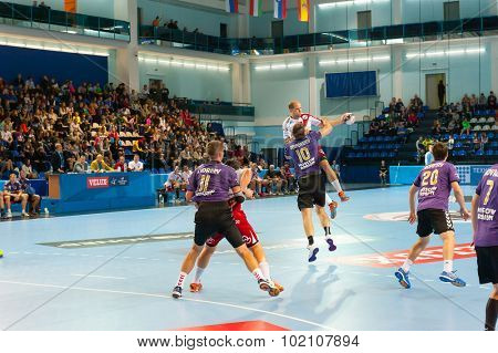 CHEKHOV, RUSSIA - SEPTEMBER 17: Young men playing handball on September 17, 2015 in Chekhov, Russia. Champions League. 