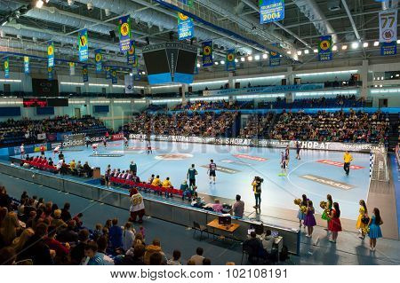 CHEKHOV, RUSSIA - SEPTEMBER 17: Young men playing handball on September 17, 2015 in Chekhov, Russia. Champions League. 