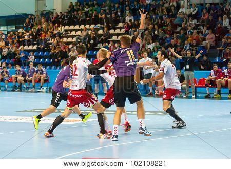 CHEKHOV, RUSSIA - SEPTEMBER 17: Young men playing handball on September 17, 2015 in Chekhov, Russia. Champions League. 