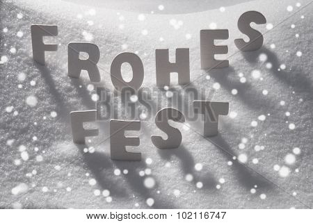 White Word Frohes Fest Means Merry Christmas On Snow, Snowflakes