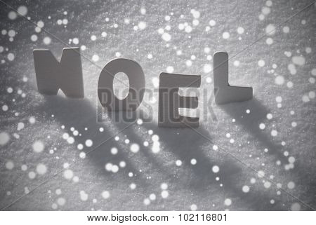 White Word Noel Means Christmas On Snow, Snowflakes