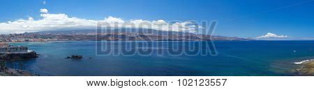 Gran Canaria, Panorama From La Isleta, Las Palmas, El Confital Beach On The Right, Las Canteras On T