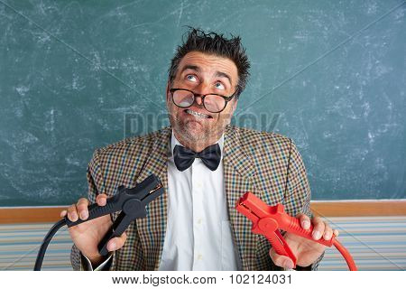 Nerd electronics technician retro teacher silly expression working battery clamps
