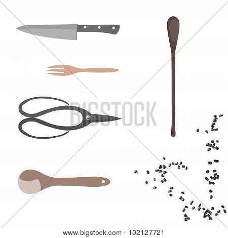 Knife, Japanese scissors, fork, wooden spoon, black beans, kitchenware