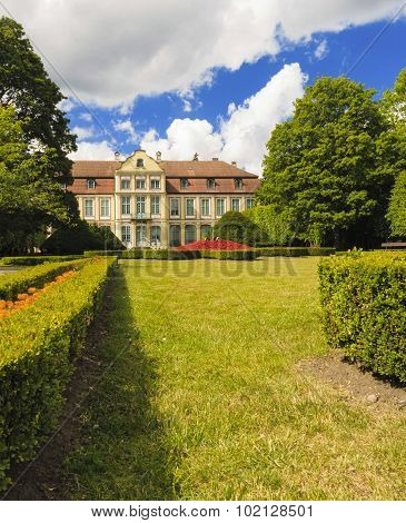 View On Abbots Palace And Flowers In Gdansk Oliva Park.