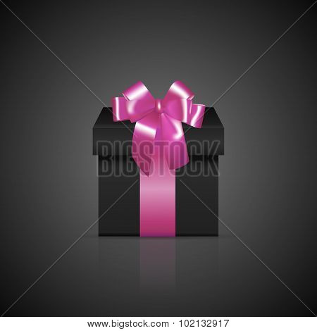 Black square gift box with pink ribbon and bow
