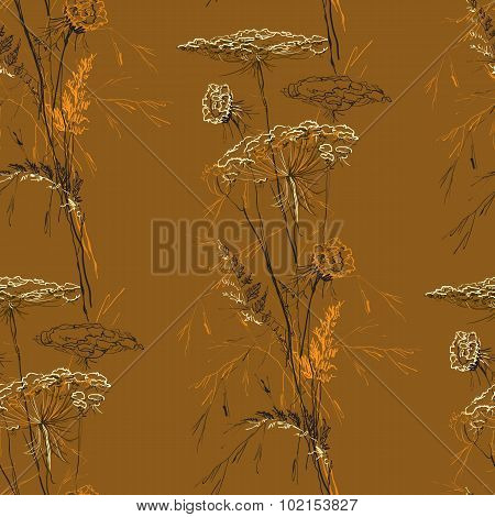 Autumn Brown Seamless Vintage Pattern with Herbs.
