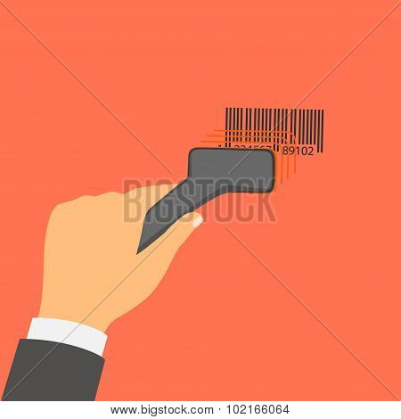 Flat design style vector illustration. Hand holds a barcode scan