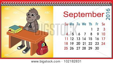 Horizontal Calendar With A Monkey In September
