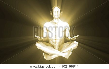 Man Listening to Music Meditating in Earphones 3d