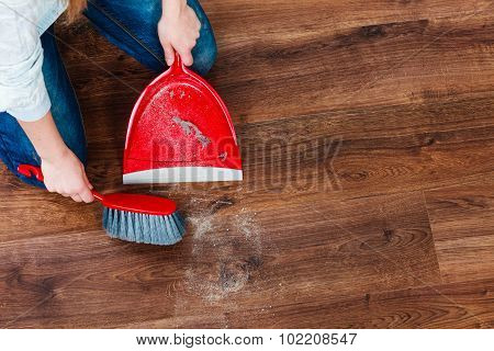 Cleaning Woman Sweeping Wooden Floor