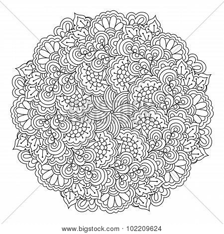 Round element for coloring book. Black and white floral pattern.