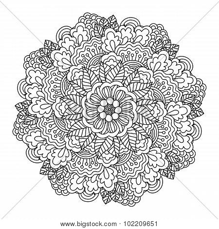 Round element for coloring book. Black and white floral pattern.