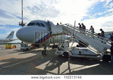 SAINT PETERSBURG, RUSSIA - AUGUST 04, 2015: Rossiya Airlines aircraft in Pulkovo Airport. Rossiya Airlines JSC, operating as Rossiya - Russian Airlines is airline with head office in Saint Petersburg