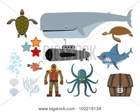 Underwater Set. Keith And Submarine, Shark And Terrible Octopus. Sea Turtle And Pirates Treasu