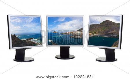 Garachico in Tenerife island (Canary) in computer screens isolated on white background