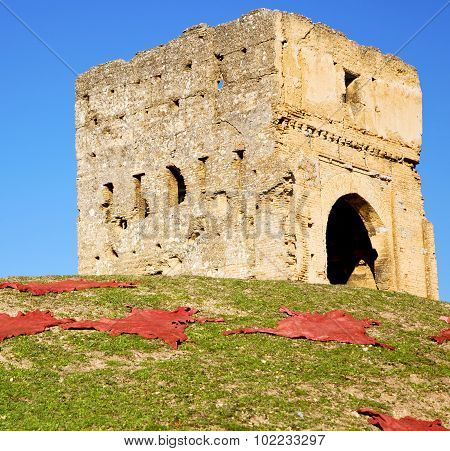 Old Castle In Africa Morocco And Red Leather Near The Tower