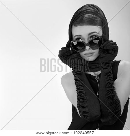 portrait of beautiful young woman in retro style . copy space.