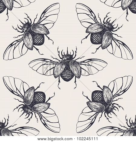 Beetles with wings vintage seamless pattern