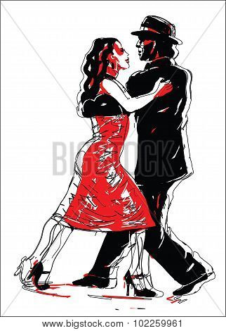 Sketched Tango Dancers in Red and Black