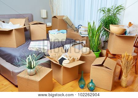 Moving boxes in new house. Real estate concept.