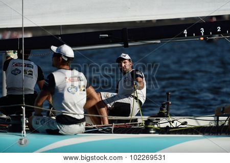 ST. PETERSBURG, RUSSIA - AUGUST 22, 2015: Catamaran of GAC Pindar sailing team from UK during 3rd day of St. Petersburg stage of Extreme Sailing Series. The Wave, Muscat team leading after 2 days