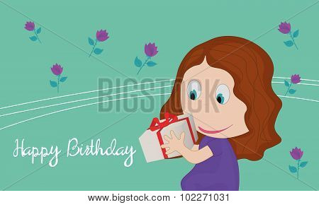 Card with little girl with a gift in their hands
