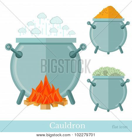flat caldron with money coin bank note bonfire isolated on white