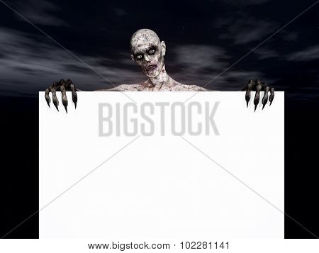 3D render of a zombie figure holding a blank sign