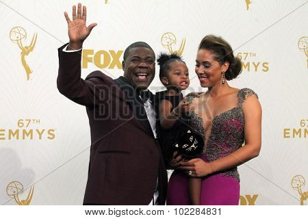LOS ANGELES - SEP 20:  Tracy Morgan, Maven Sonae Morgan, Megan Wollover at the Primetime Emmy Awards Press Room at the Microsoft Theater on September 20, 2015 in Los Angeles, CA