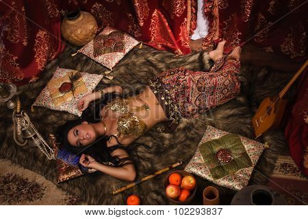 Beautiful Belly Dancer In The Arabic Harem Interior