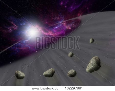 Sun with asteroids in universe or space, Globe and galaxy in a cloud with meteors