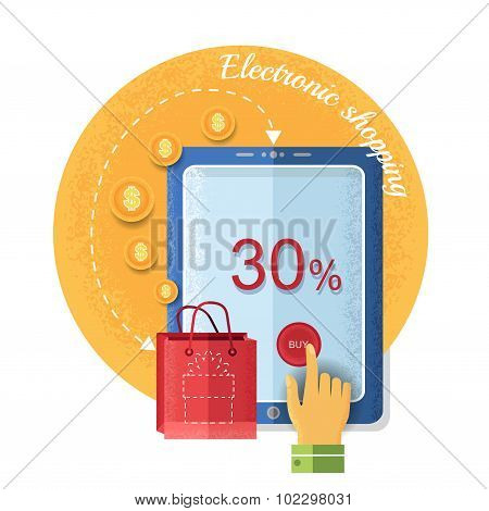 table with handpointer, buy bag with present, Vintage retro style e shopping icon on circle backgrou