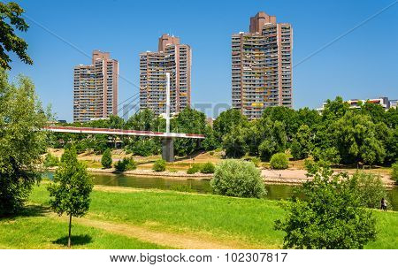 Residential Skyscrapers And Neckar Footbridge In Mannheim, Germany