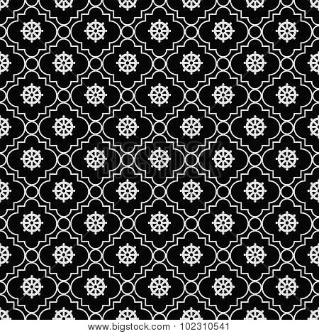 Black And White Wheel Of Dharma Symbol Tile Pattern Repeat Background